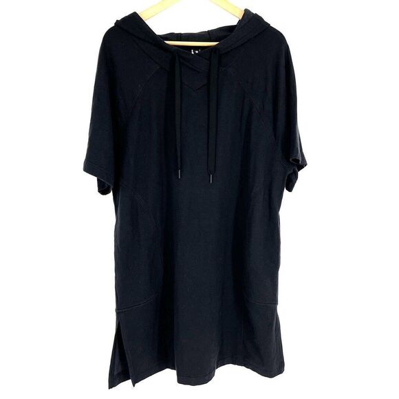 Athleta Cabana Tunic Size Medium Black Short Sleeve Relaxed Pullover Hoodie Knit - Picture 1 of 8